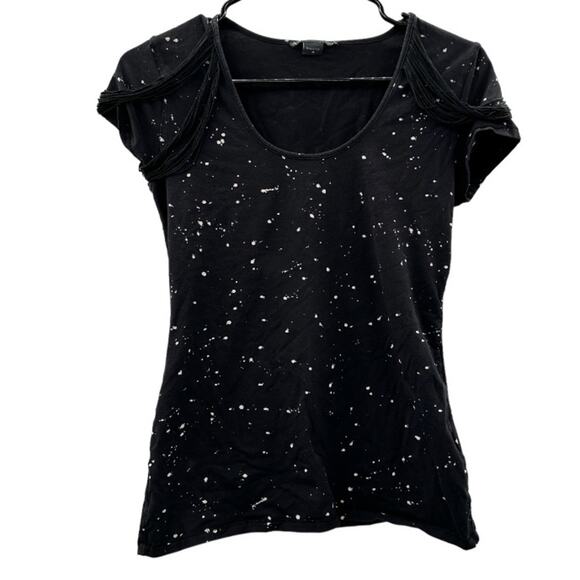 Armani Exchange Black & Cream Paint Splatter Fringe Shoulder Short Sleeve Shirt - Picture 1 of 5